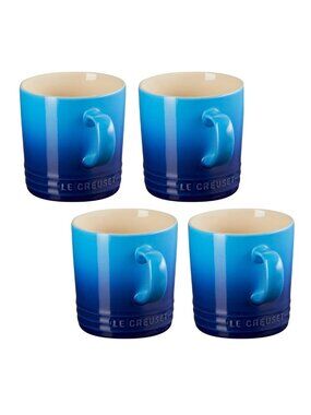 LE CREUSET Glazed Stoneware Cups Mugs 12 oz Azure Blue - Set of 4 pcs NWT